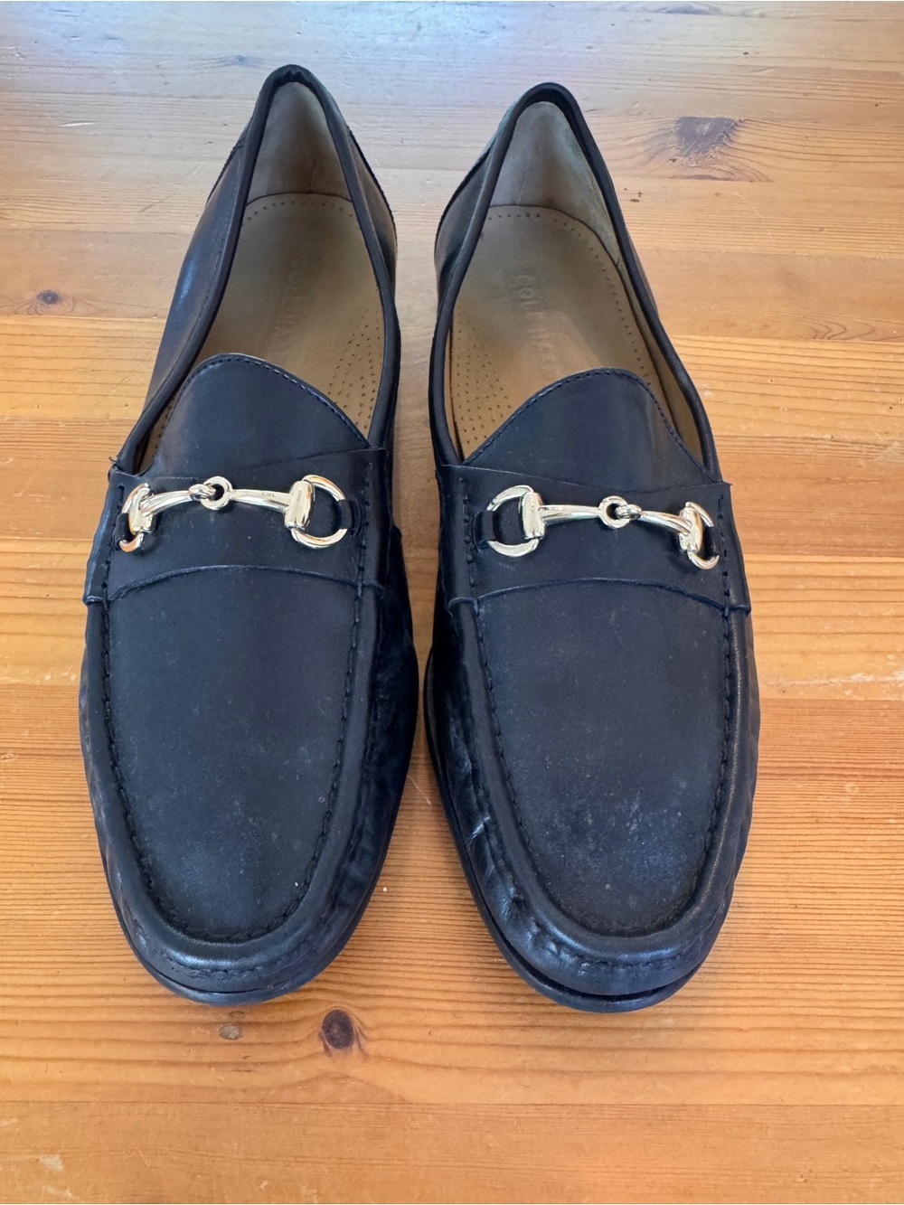 Cole Haan Black Leather Slip-On Loafers with Gold Bit